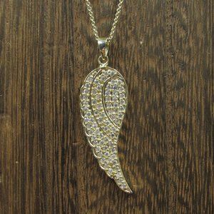 20" Sterling Silver Gold Plated Clear CZ Feather Pendant Necklace Vintage